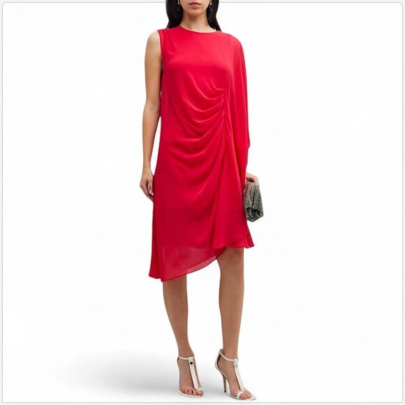 Kobi Halperin Fire Red Sheila Asymmetric One Cape Sleeve Dress NWT New S - Picture 1 of 9